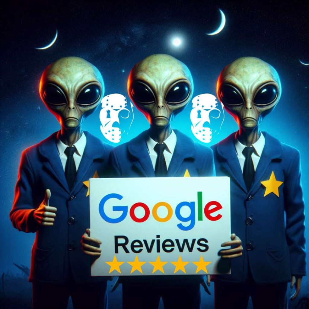 3 alien qui tienne une pancarte avec 5 étoile google