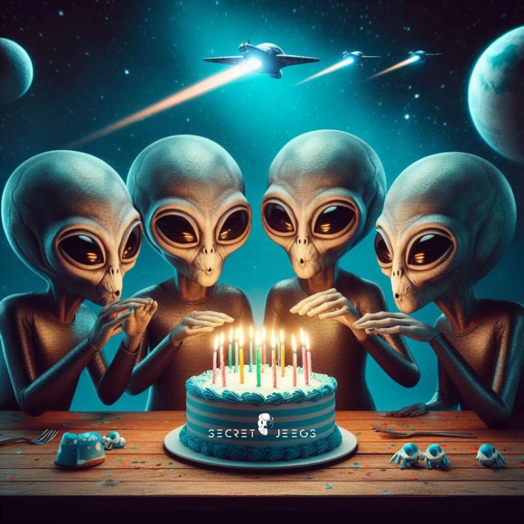 4 aliens qui se réunisse autour d'un gâteau d'anniversaire pour soufflé des bougie