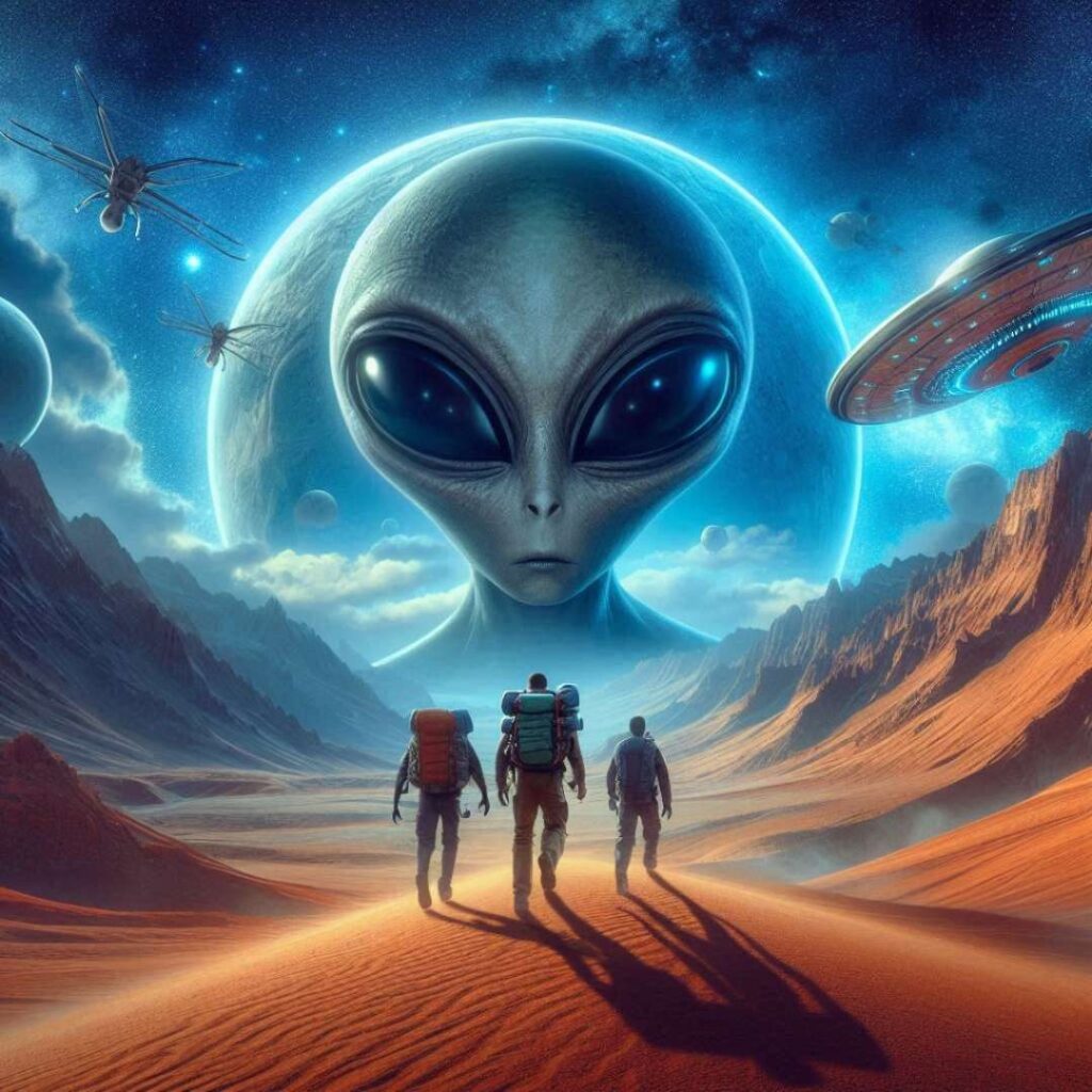 3 amis qui se trouve dans le dessert et qui regarde un alien géant