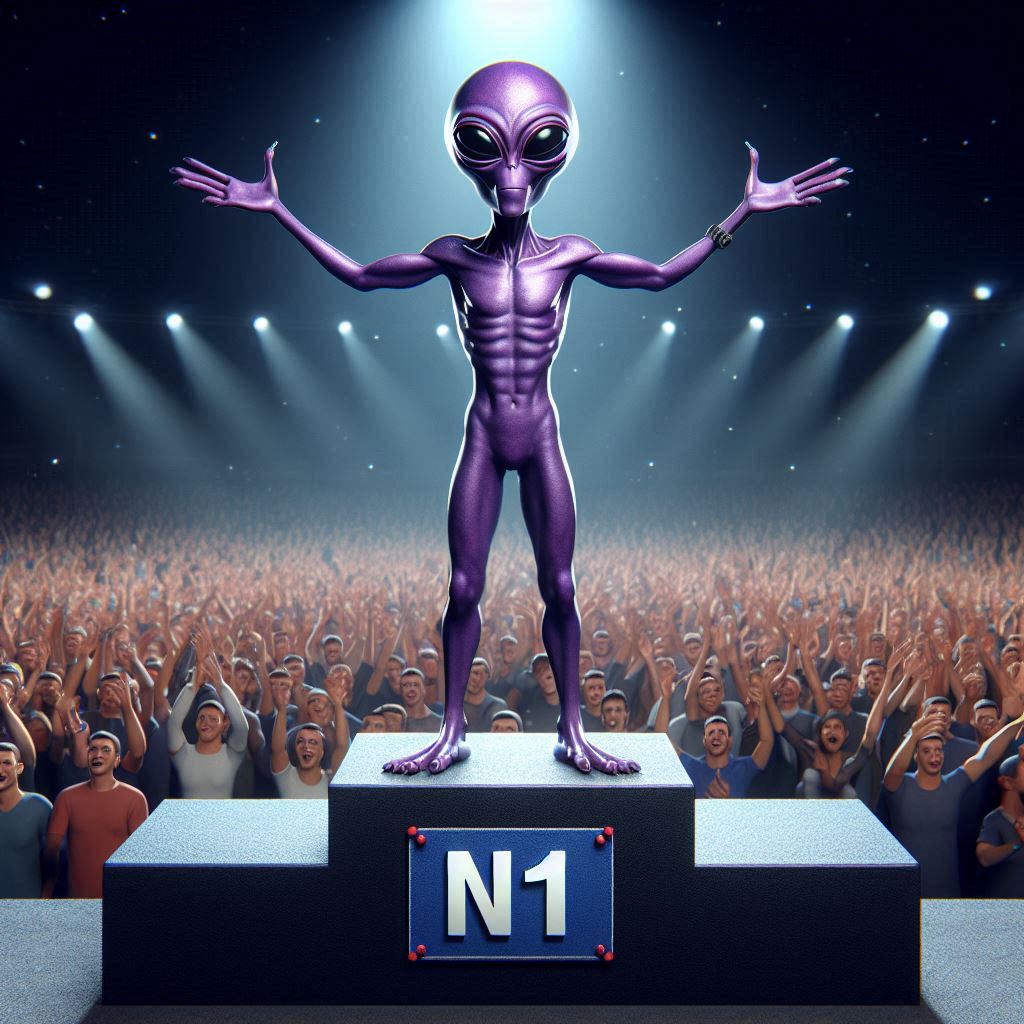 un alien qui est en haut d'un podium en première place