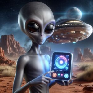 alien qui tien une box électronique avec en fond un vaisseau