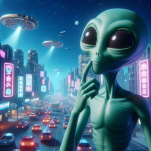 un alien au premier plan d'un ville, qui est entrain de réfléchir