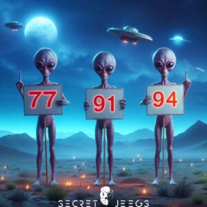 3 aliens qui tiennent 3 pancartes avec écrit dessus 91,77 et 94