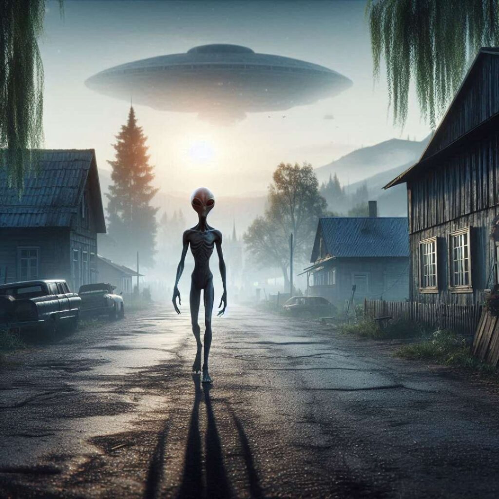 alien seul dans une rue de campagne avec un vaisseau qui surplombe le ciel