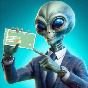 alien avec un costume cravate qui tien des chèque up sport et loisir