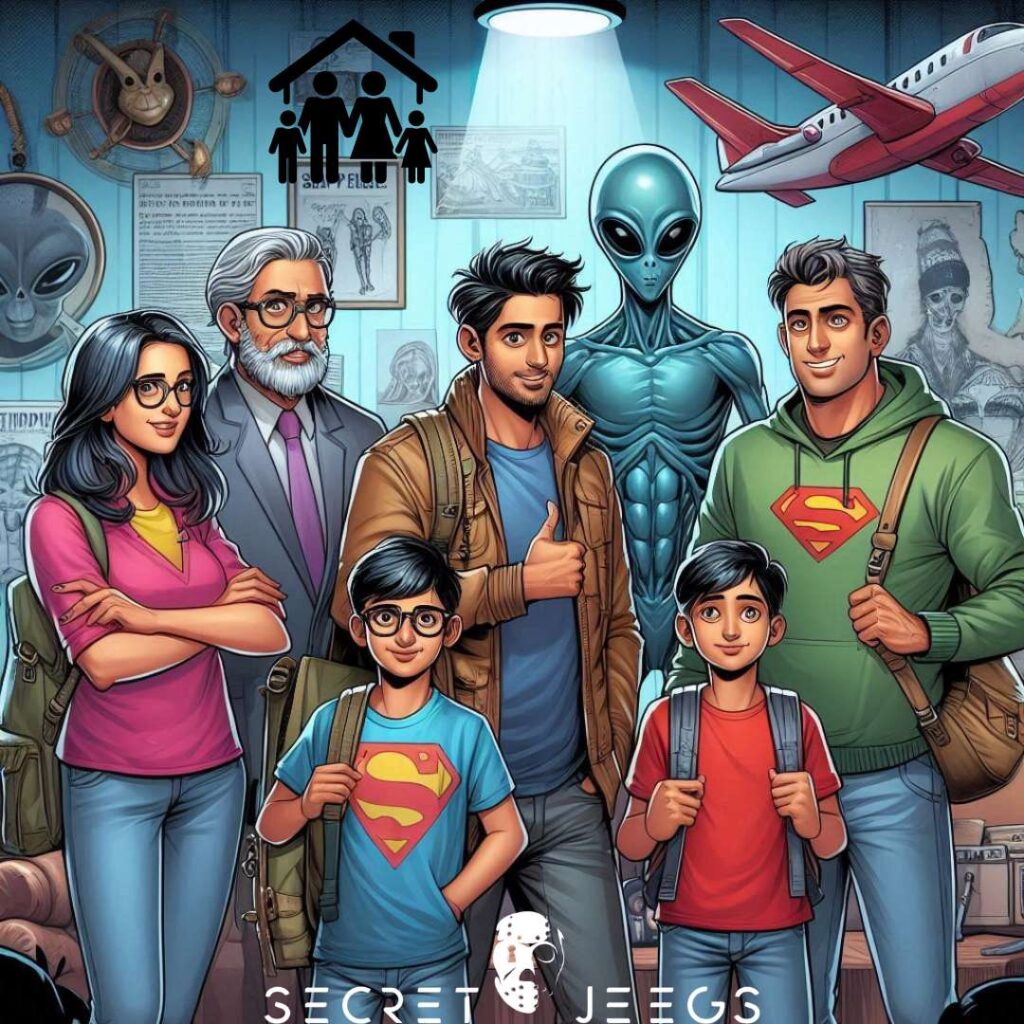 famille complet avec certaine personne qui on des t-shirt de super man et un des membre est un alien