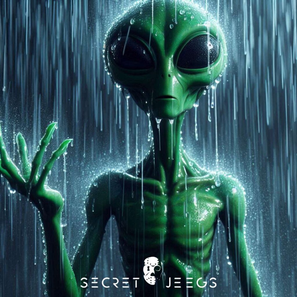 alien vert sous la pluie