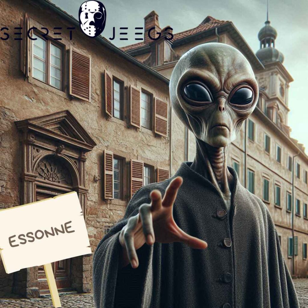 Image d'un bâtiment historique avec un Alien devant et une pancarte Essonne