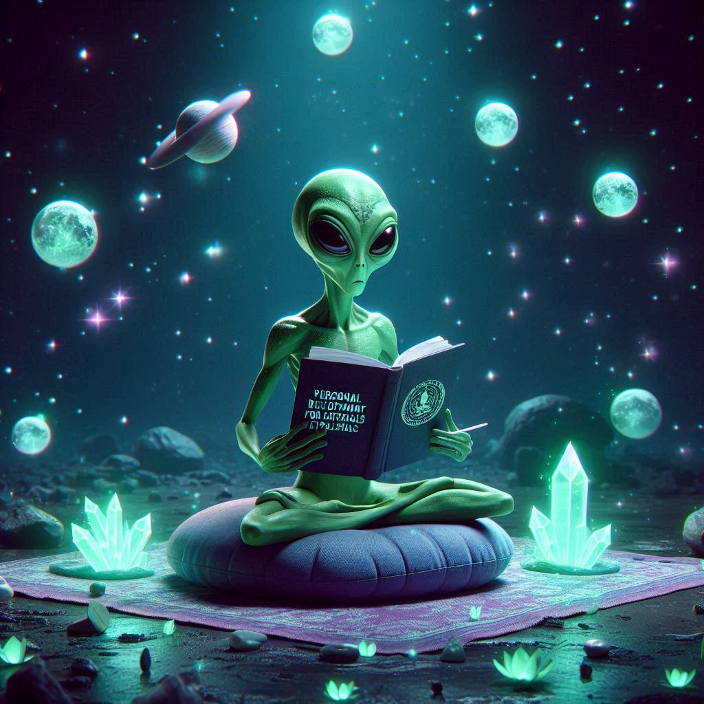 alien qui lie un livre pour sont développement personnel