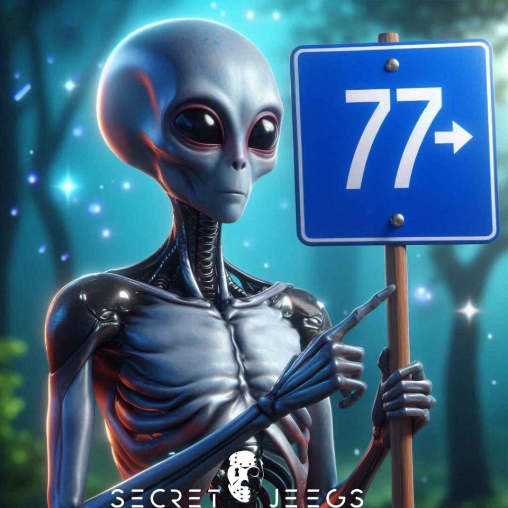 Un alien avec une pancarte 77