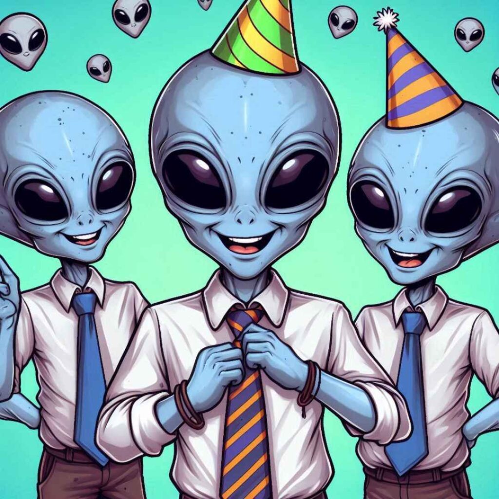 3 aliens en costume souriants