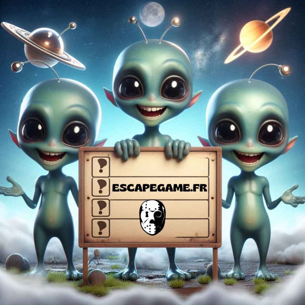 3 aliens qui tiennent un panneau avec écrit dessus Escapegame.fr