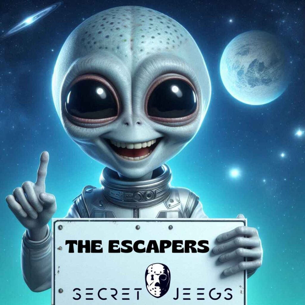 Un alien qui tient un panneau avec écrit dessus The Escapers