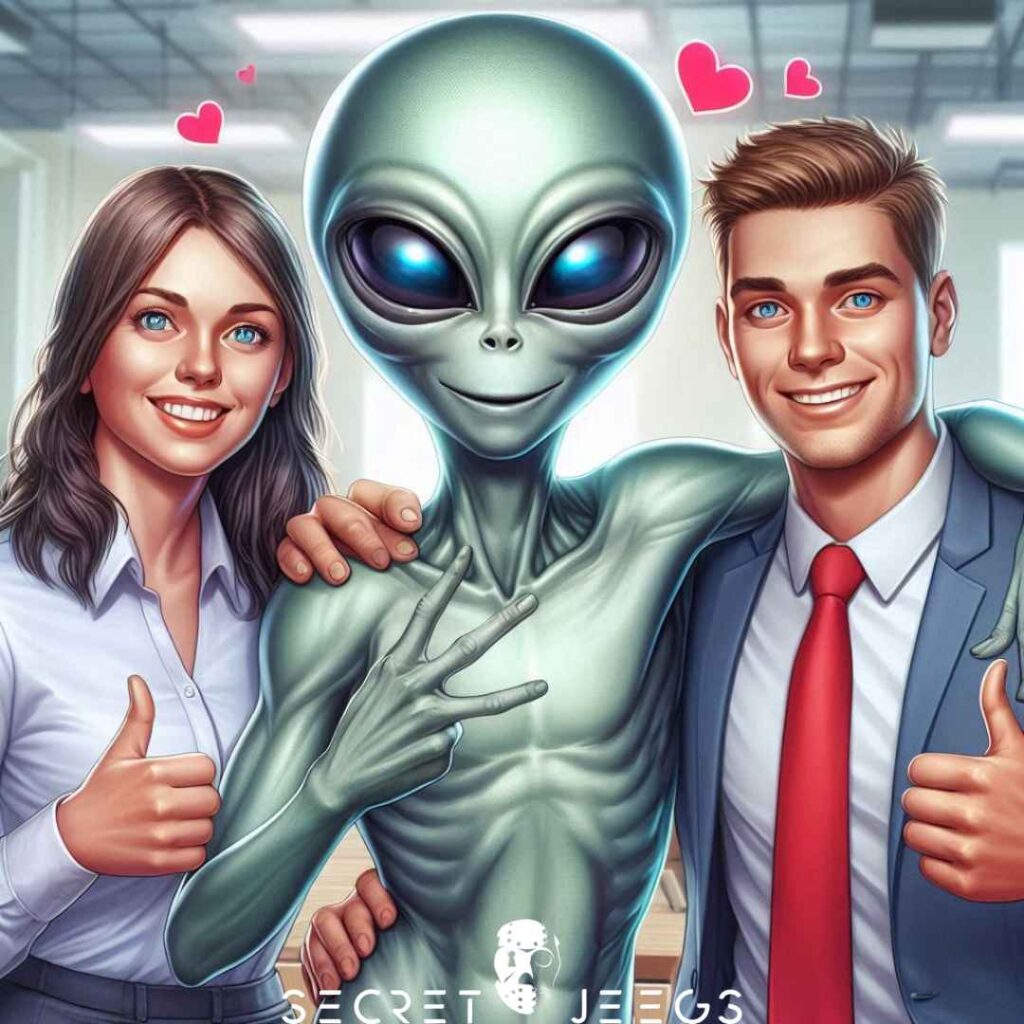 2 humains et un alien avec des coeurs