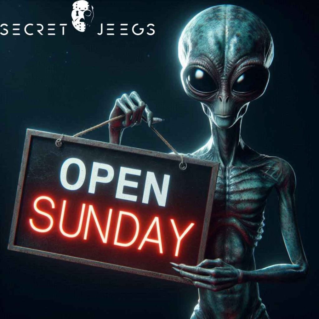 Un alien qui tient une pancarte "Open Sunday"