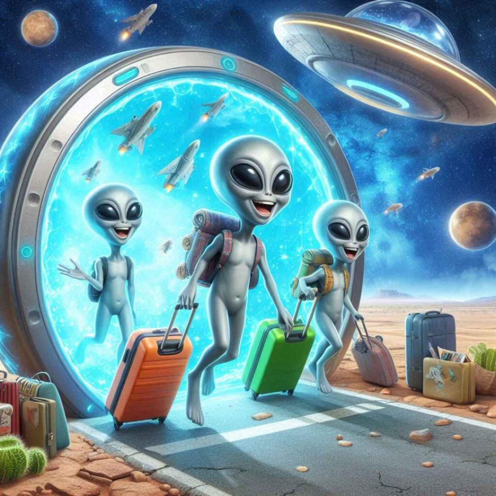 3 aliens avec leurs valises qui passent un portail