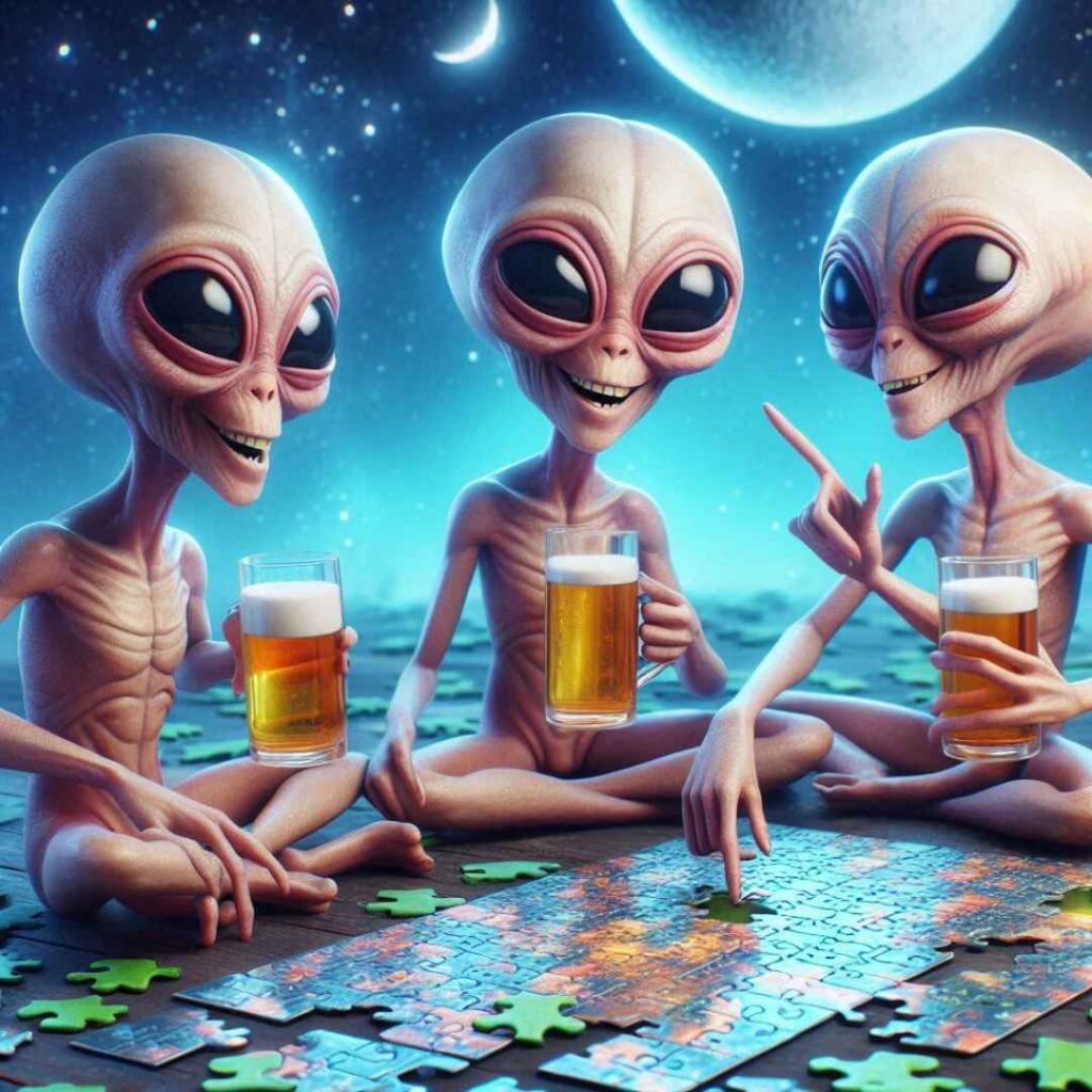 3 aliens qui boivent une bière et font un puzzle