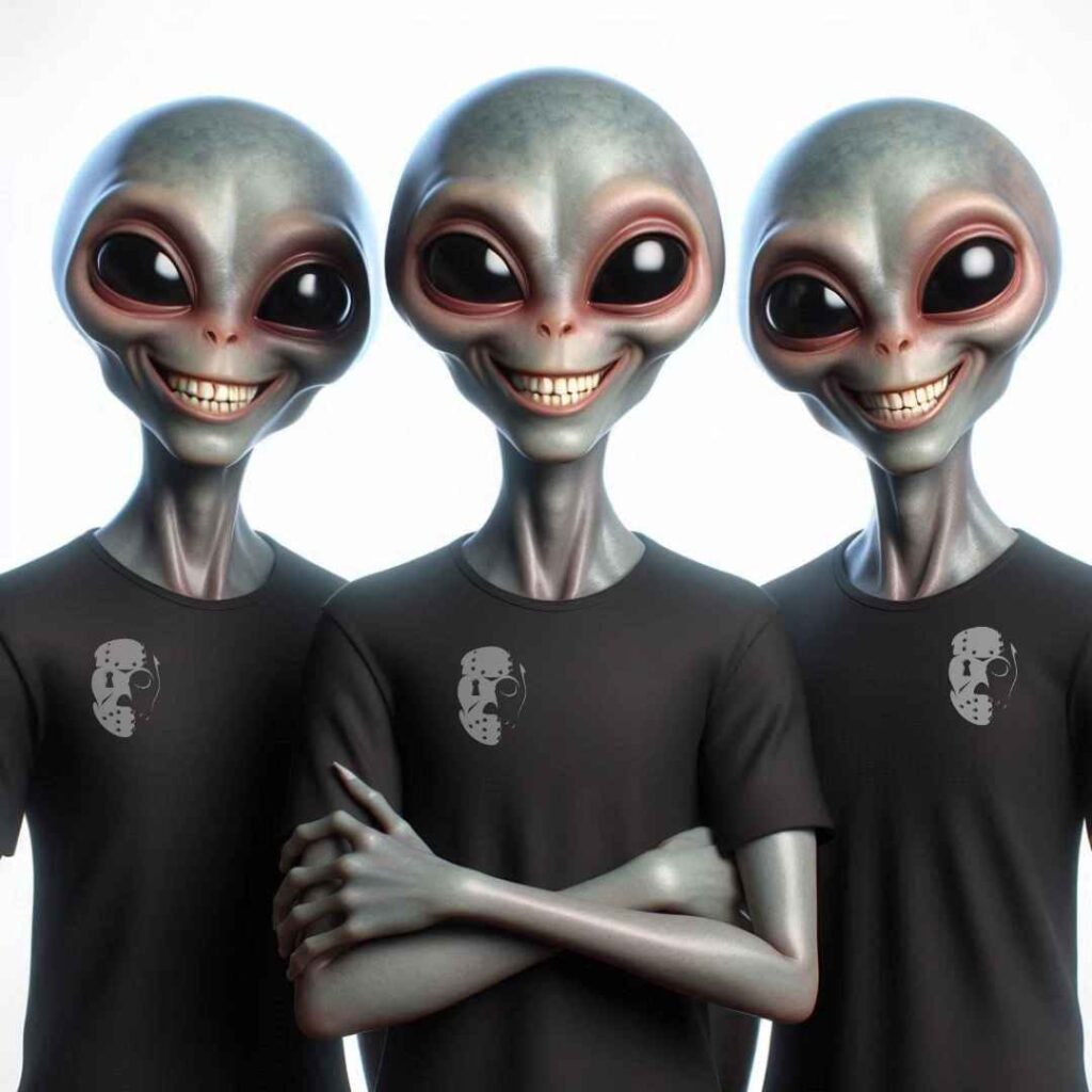 3 aliens avec le tee shirt Secret Jeegs