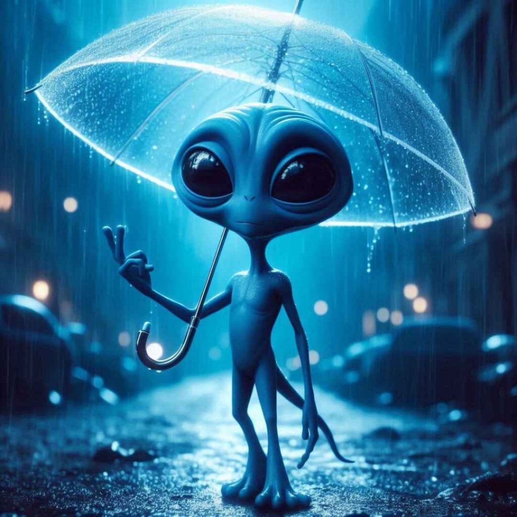 Un alien avec un parapluie