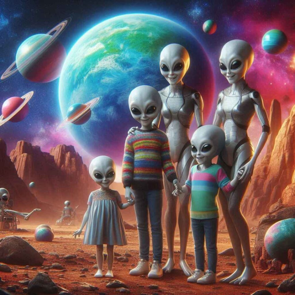 Une famille d'aliens qui se tient la main