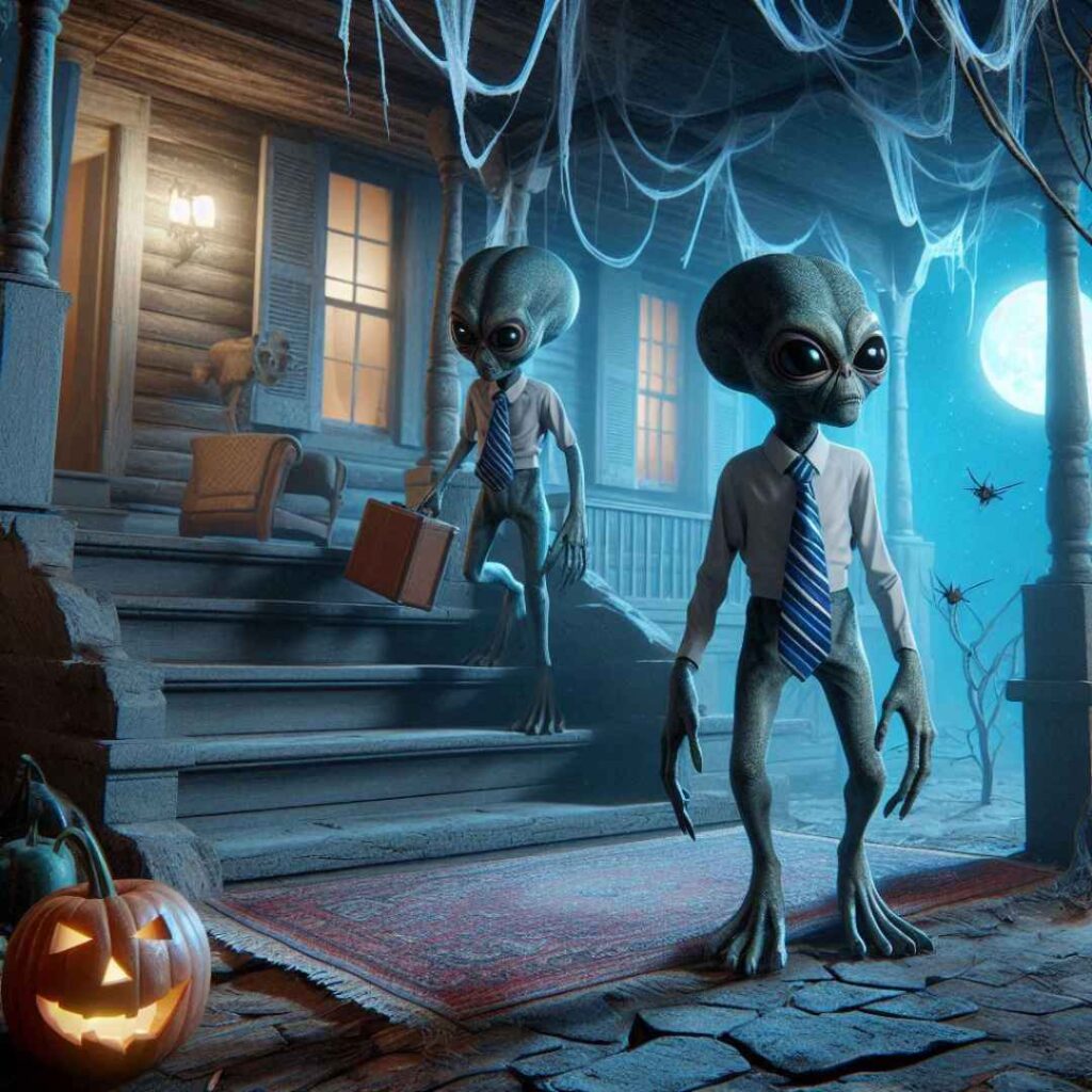 2 aliens en costume avec une mallette