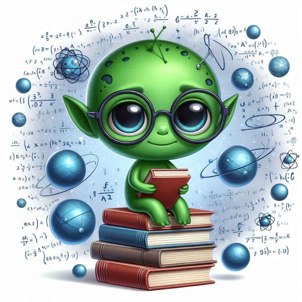 Un alien sur des livres avec plein de formules mathématiques