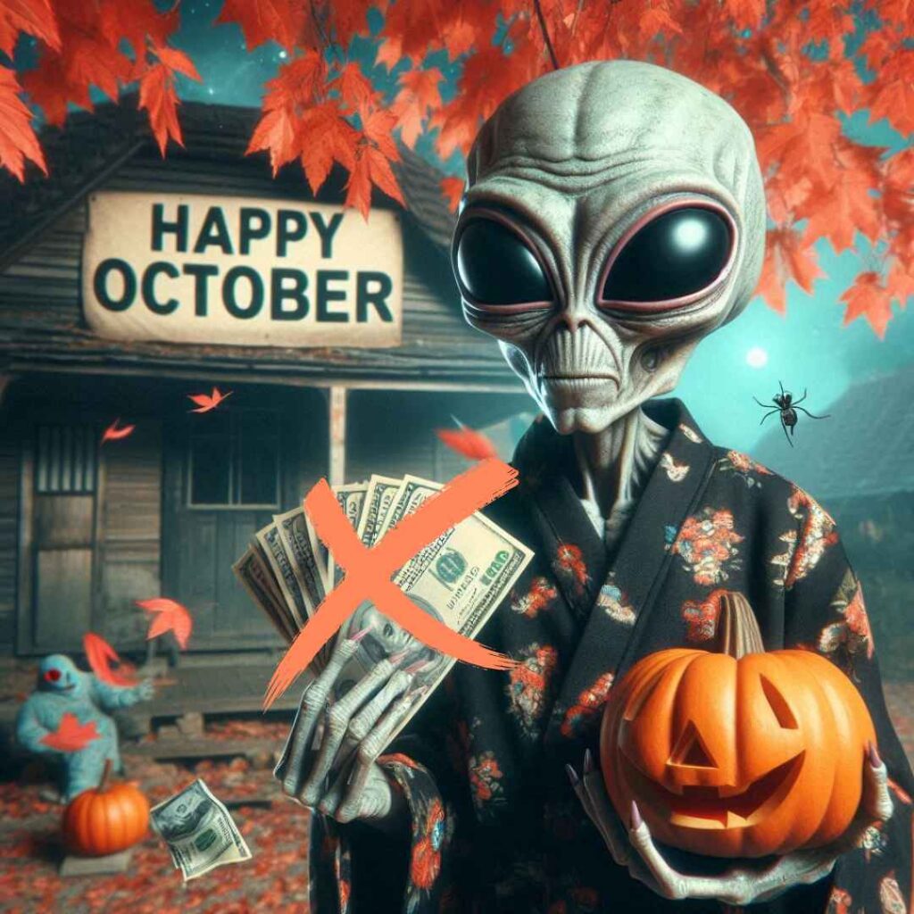 Un alien avec une citrouille et des billets barrés