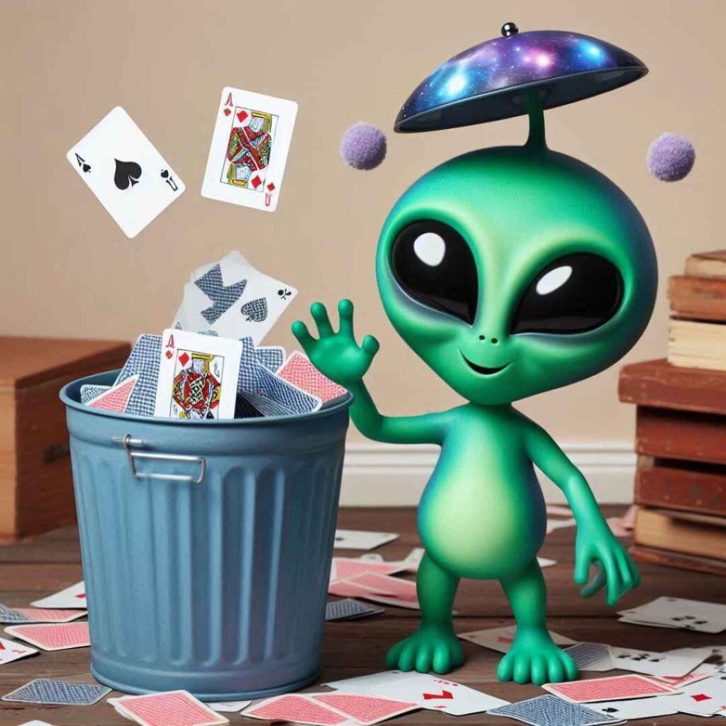 Un alien qui jette les cartes dans la poubelle