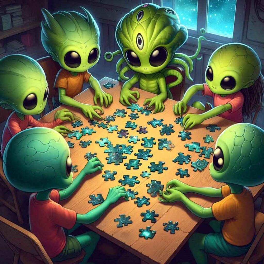 des aliens qui font un puzzle