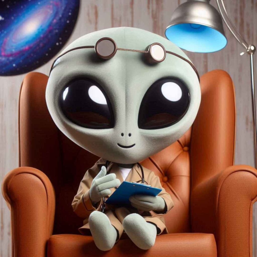 Un alien assis sur un fauteuil avec un calepin