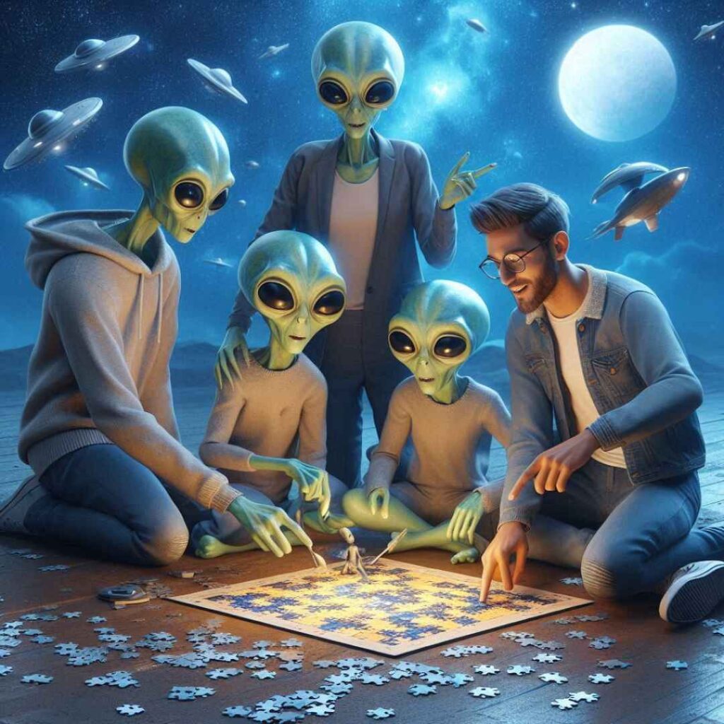 4 aliens et un humain qui font un puzzle