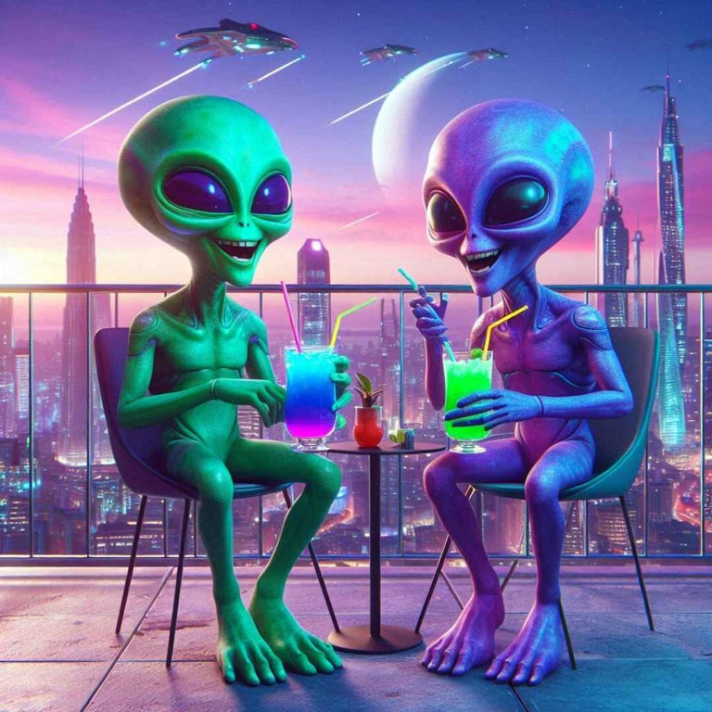 2 aliens qui rigolent et boivent un verre