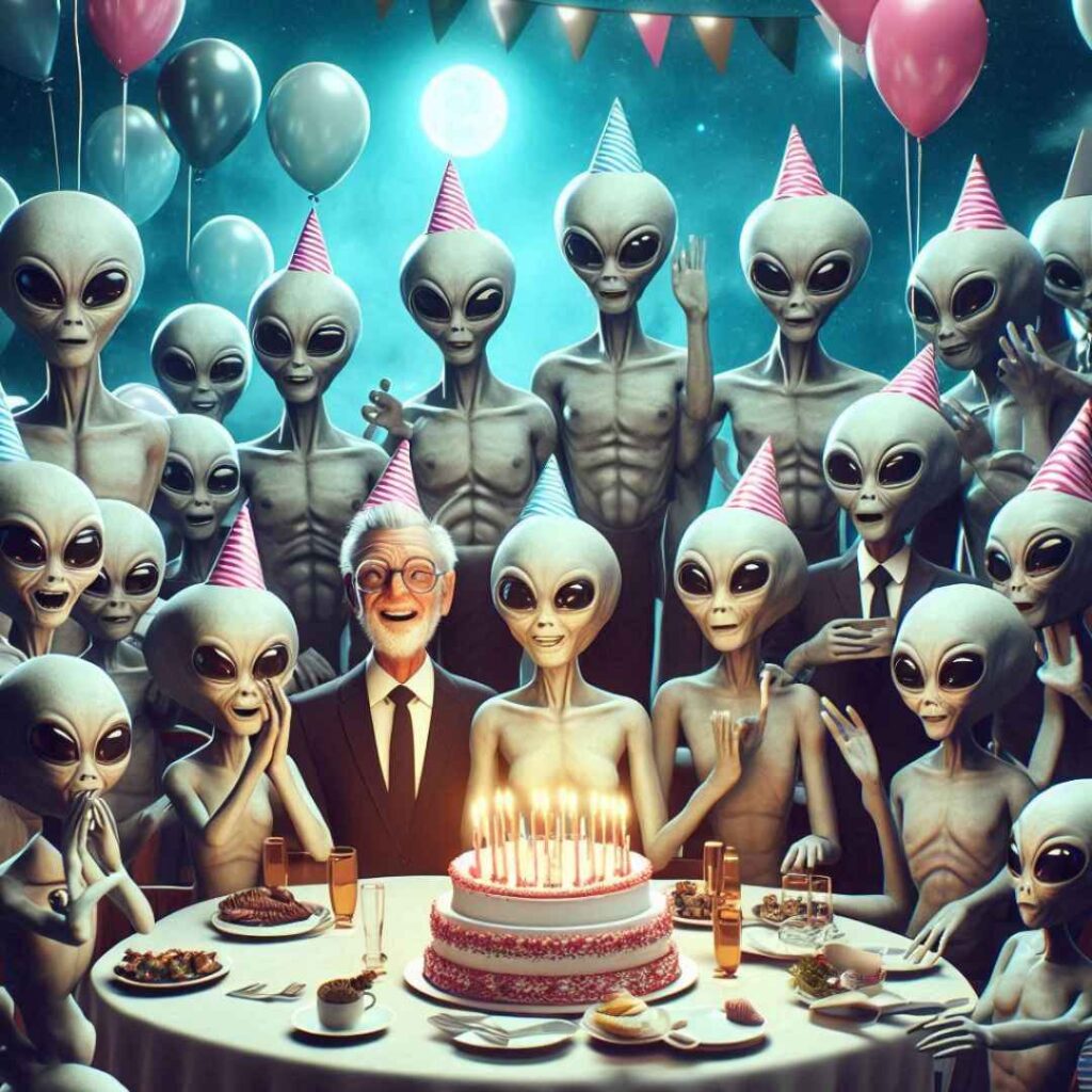 un gâteau d'anniversaire avec plein d'aliens et un humain