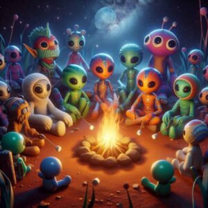 des aliens autour d'un feu