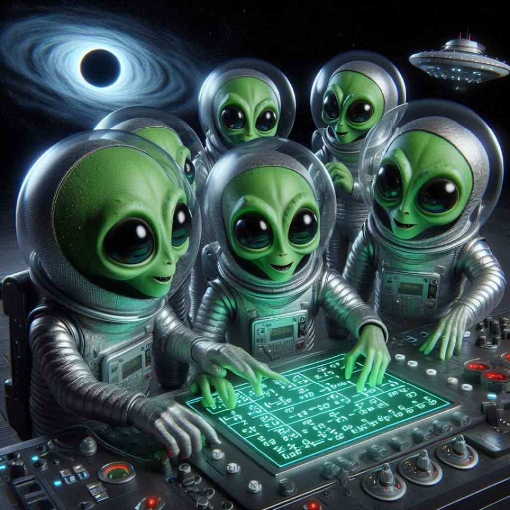 des aliens autour d'une tablette