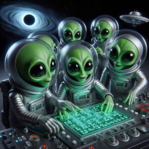 des aliens autour d'une tablette