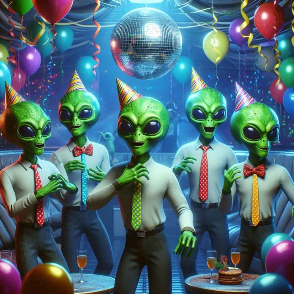 des aliens en costume quji font la fête