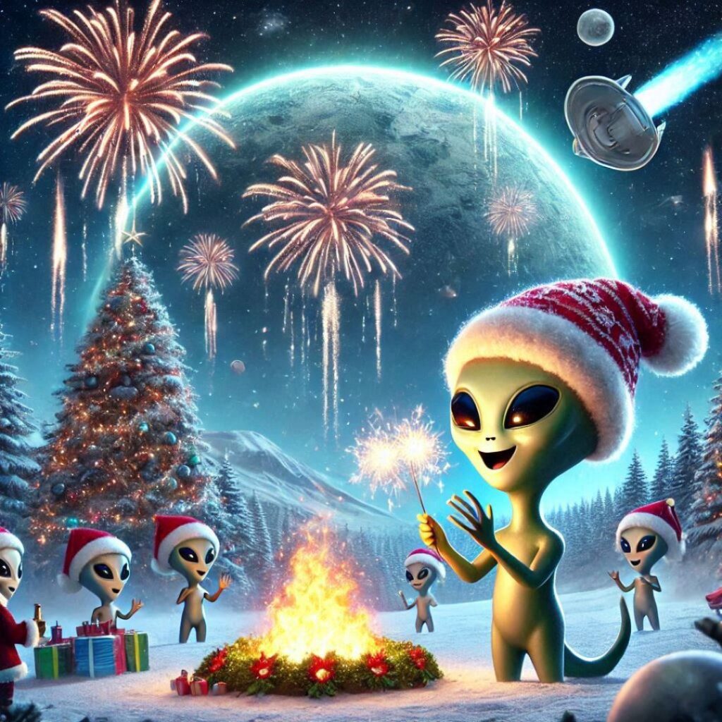 un alien avec un bonnet de Noël près d'un feu