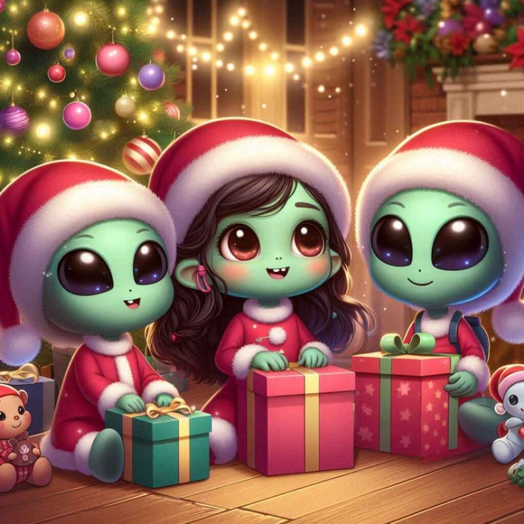 3 enfants aliens avec des cadeaux