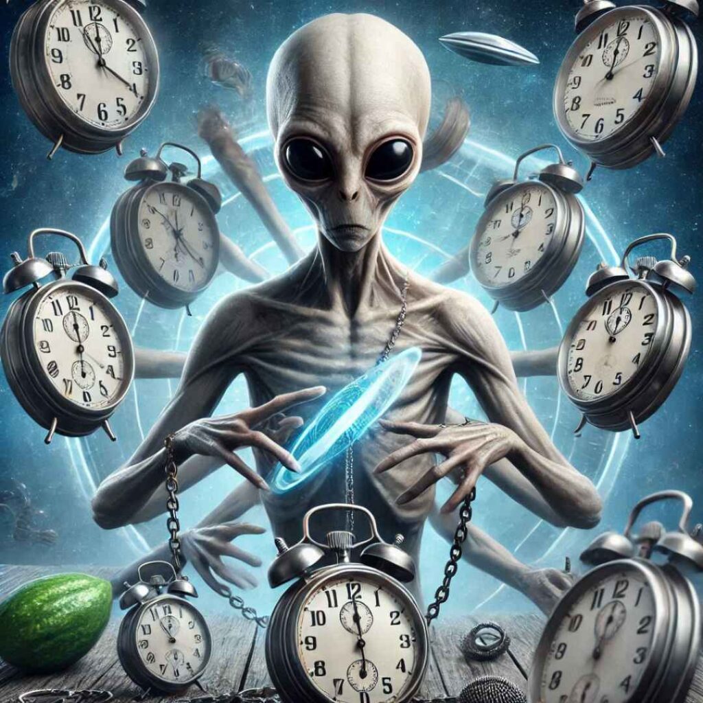 un alien avec plein de chrono autour de lui