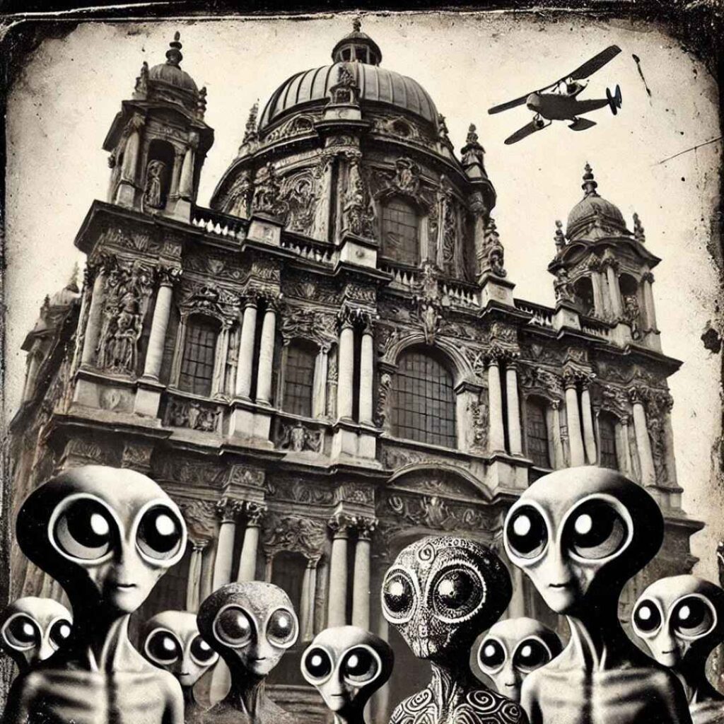 des aliens devant un bâtiment historique