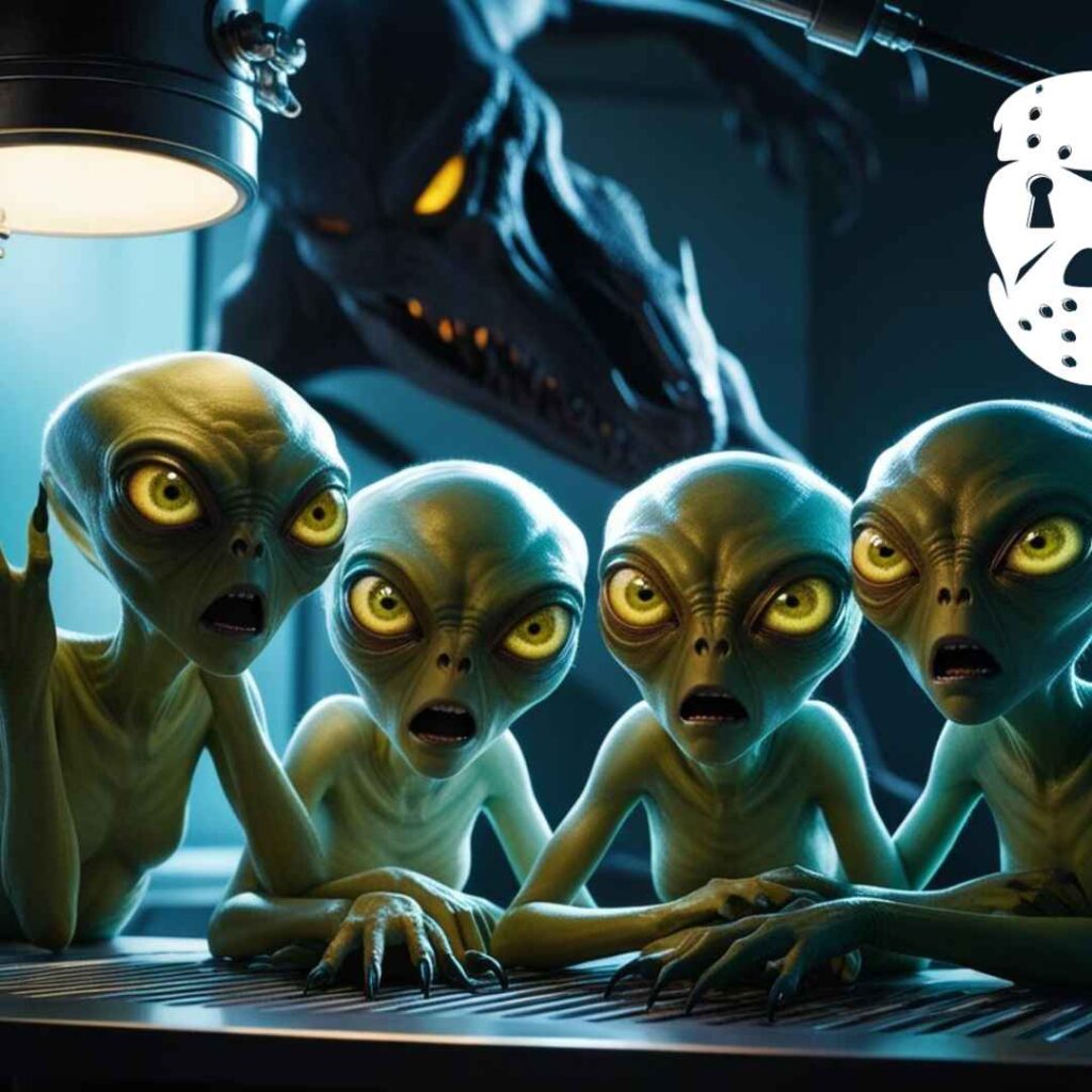 4 aliens avec un monstre derrière