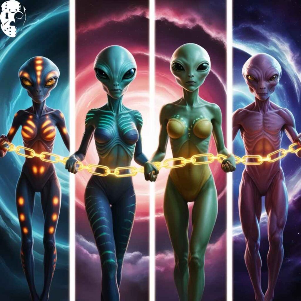 4 aliens tenus avec des chaines