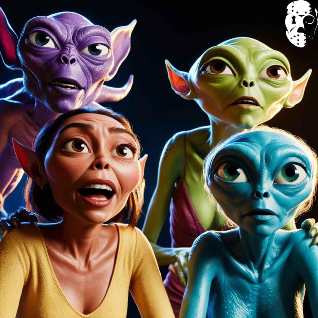 4 aliens qui regardent tous dans la même direction
