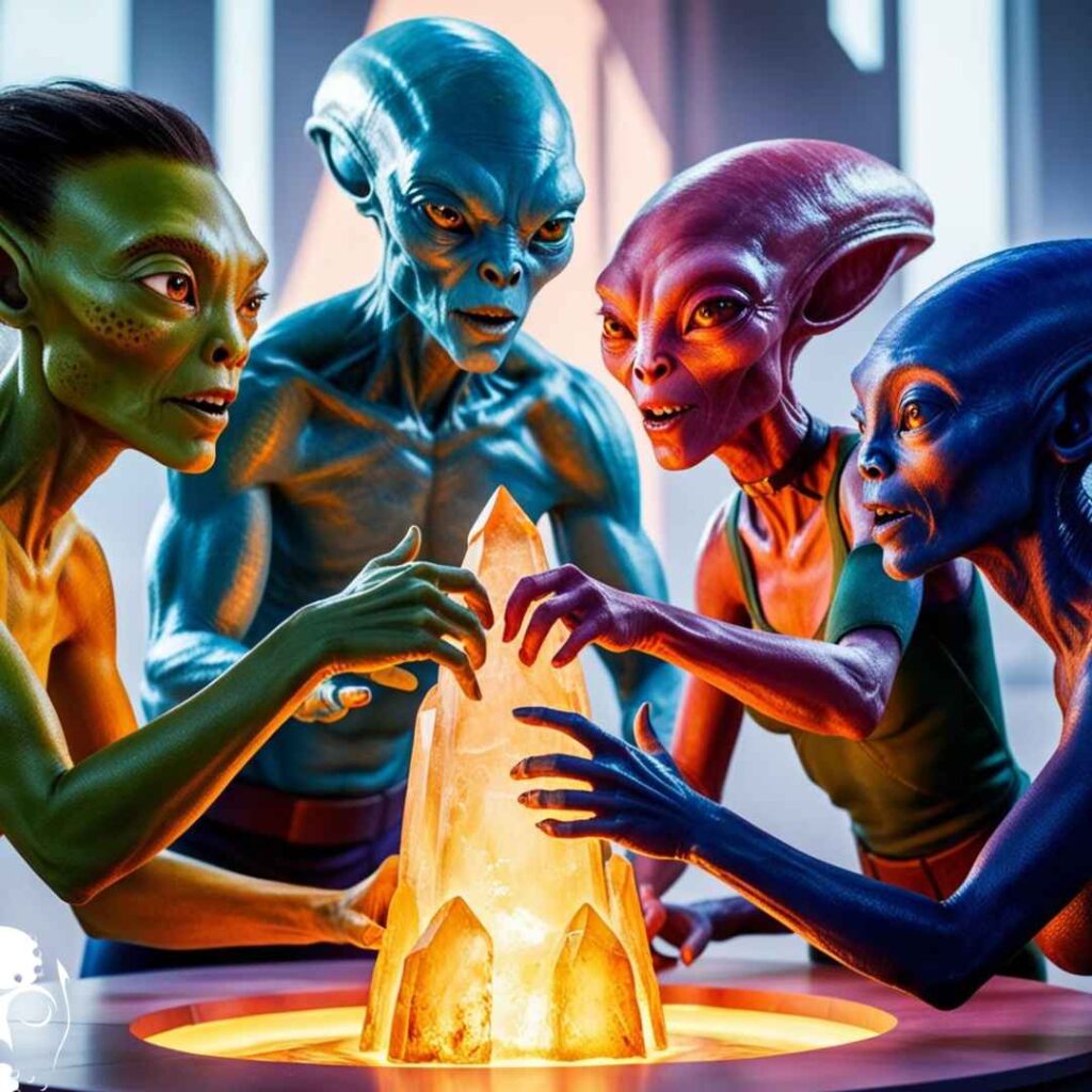 4 aliens autour d'un cristal