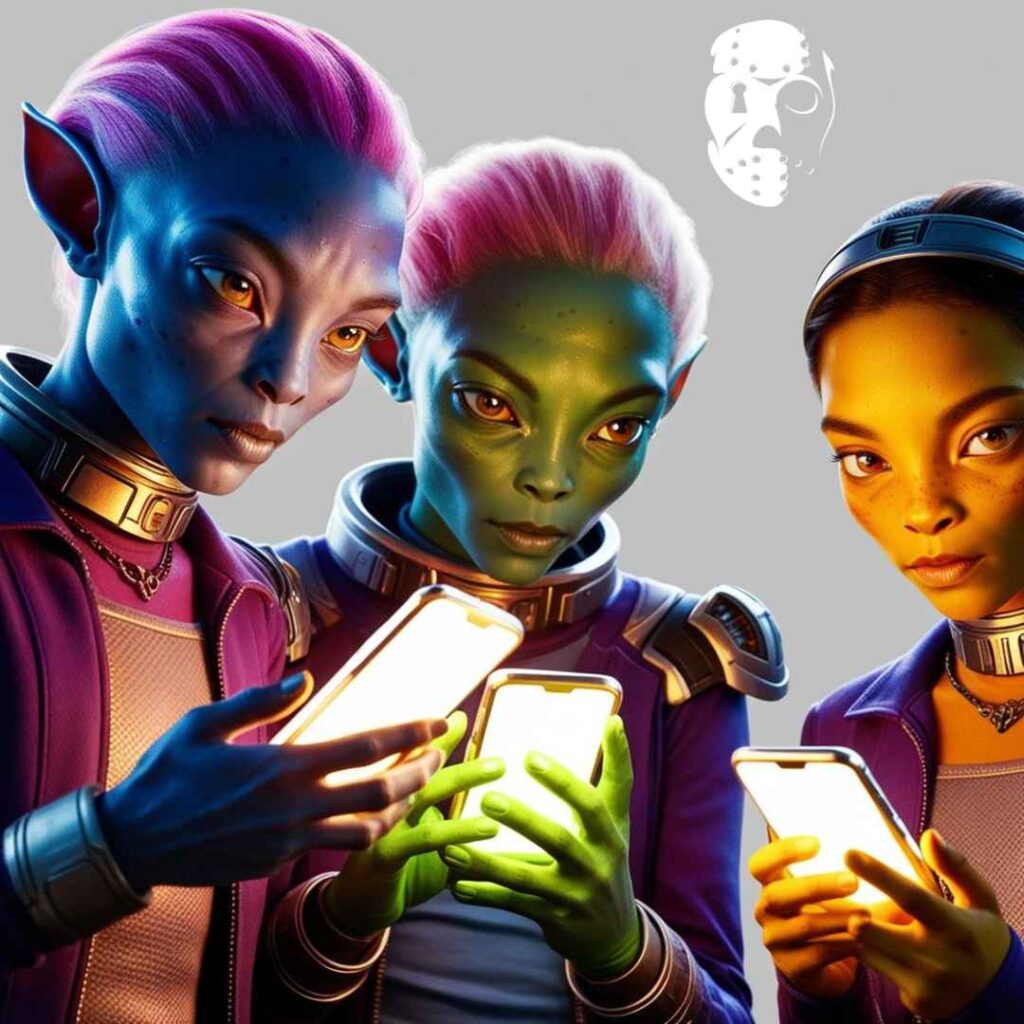 3 jeunes aliens sur leur téléphone