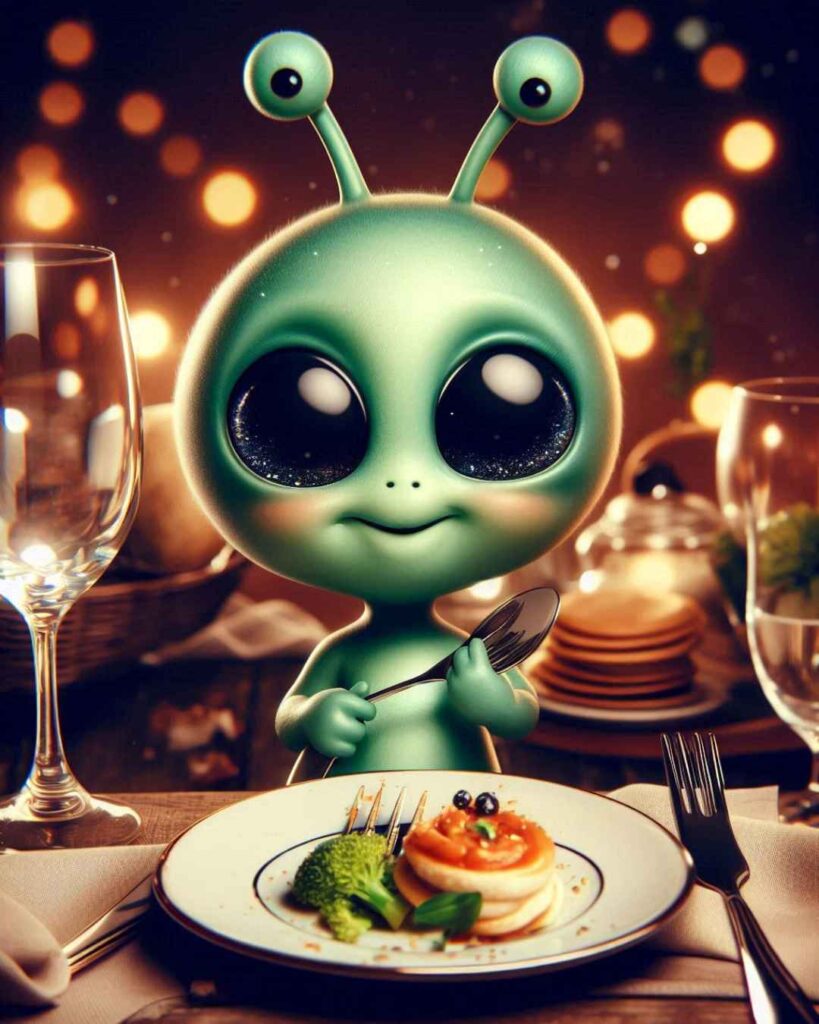 un alien avec une assiette
